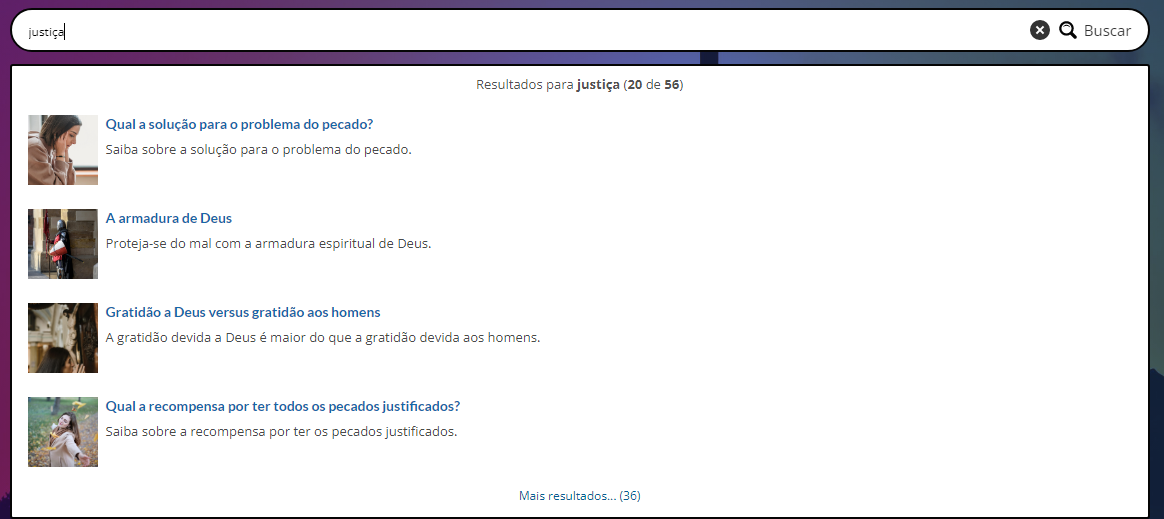 Barra de pesquisa do motor de busca do site com resultados.